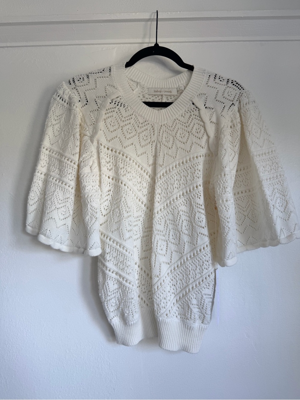 bishop + young Ivory Pointelle Crewneck Sweater with Flutter Sleeves